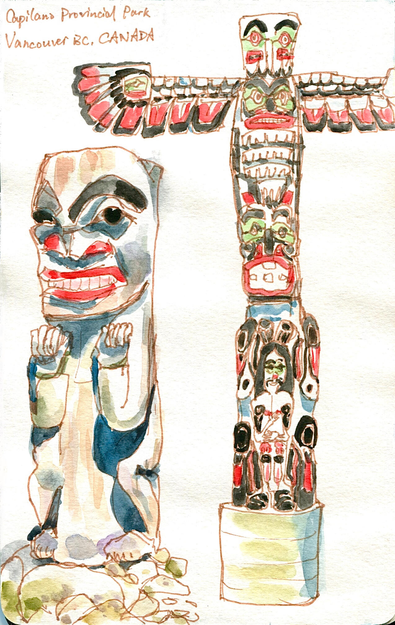 Sculptures in park * Watercolor, ink; 5"x 8" on paper