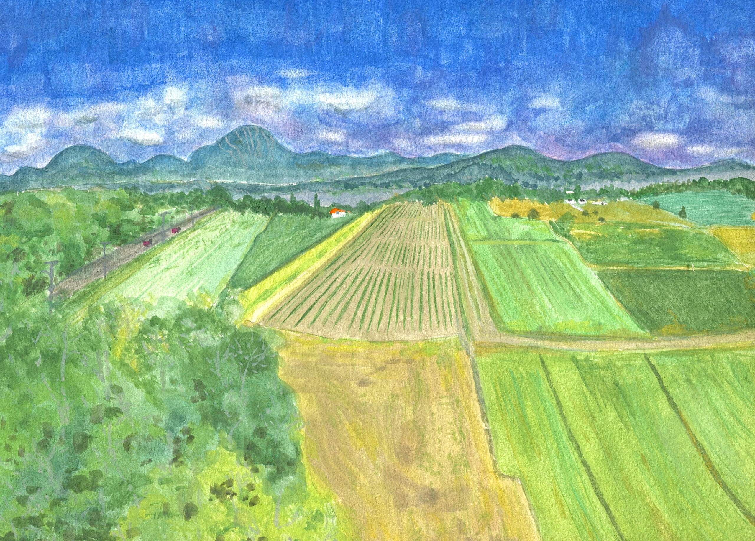 Birdview of a farm on tower * Gouache, watercolor; 9&quot;x12&quot; on paper