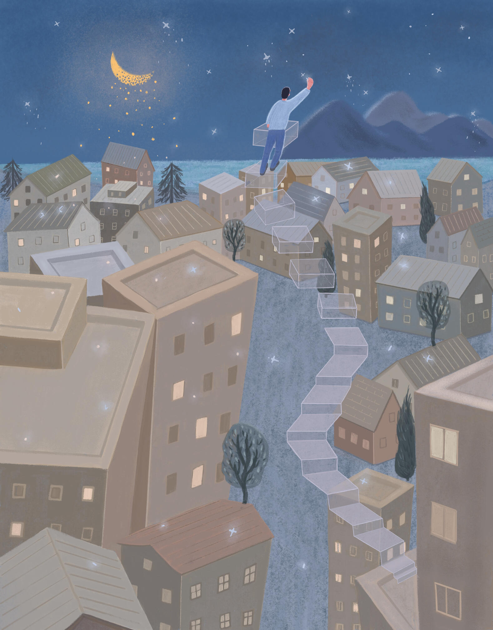 Fixing in the Sky - Narrative scene imagined for a picture book. Moon and stars begin to shatter and fragments fall in the town, but this boy try to fix all these by climbing onto the transparent ladder, which will disappear in a while.