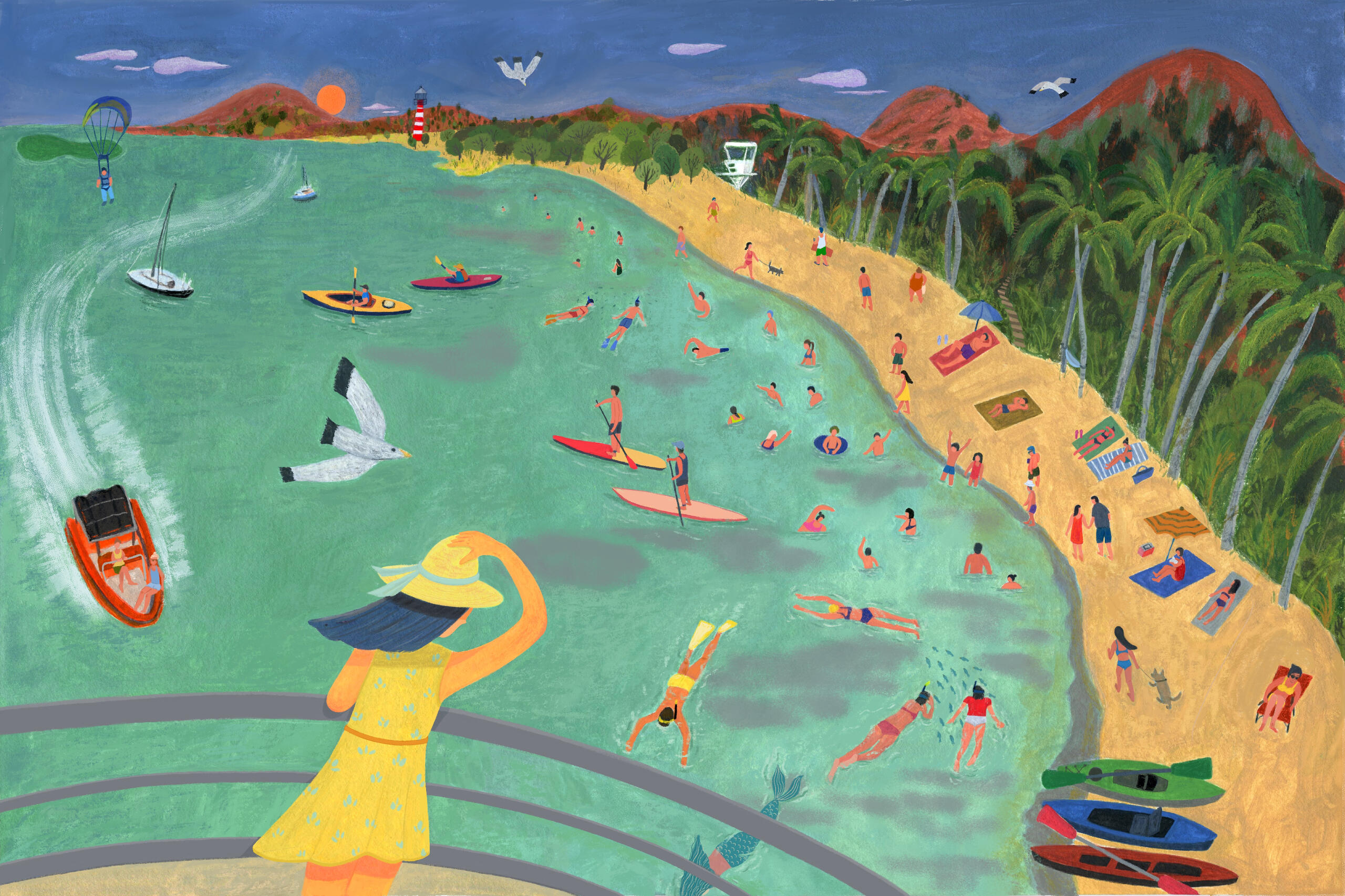 At the beach * Gouache, acrylics and color pencil; 12&quot;x18&quot; on paper