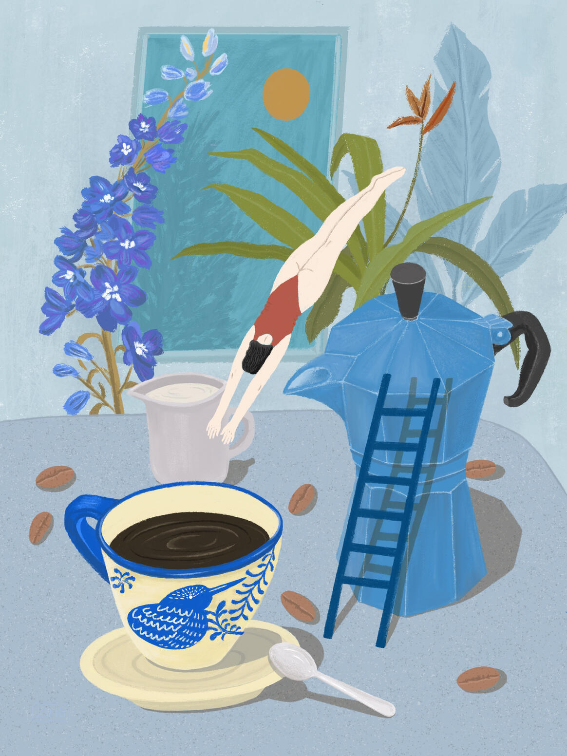 Refreshing Moment. A cup of coffee brings the refreshing moment in the morning, a fresh start with joy and happiness. This is created for coffee lovers like me and advertising in coffee shop. (Commercial)